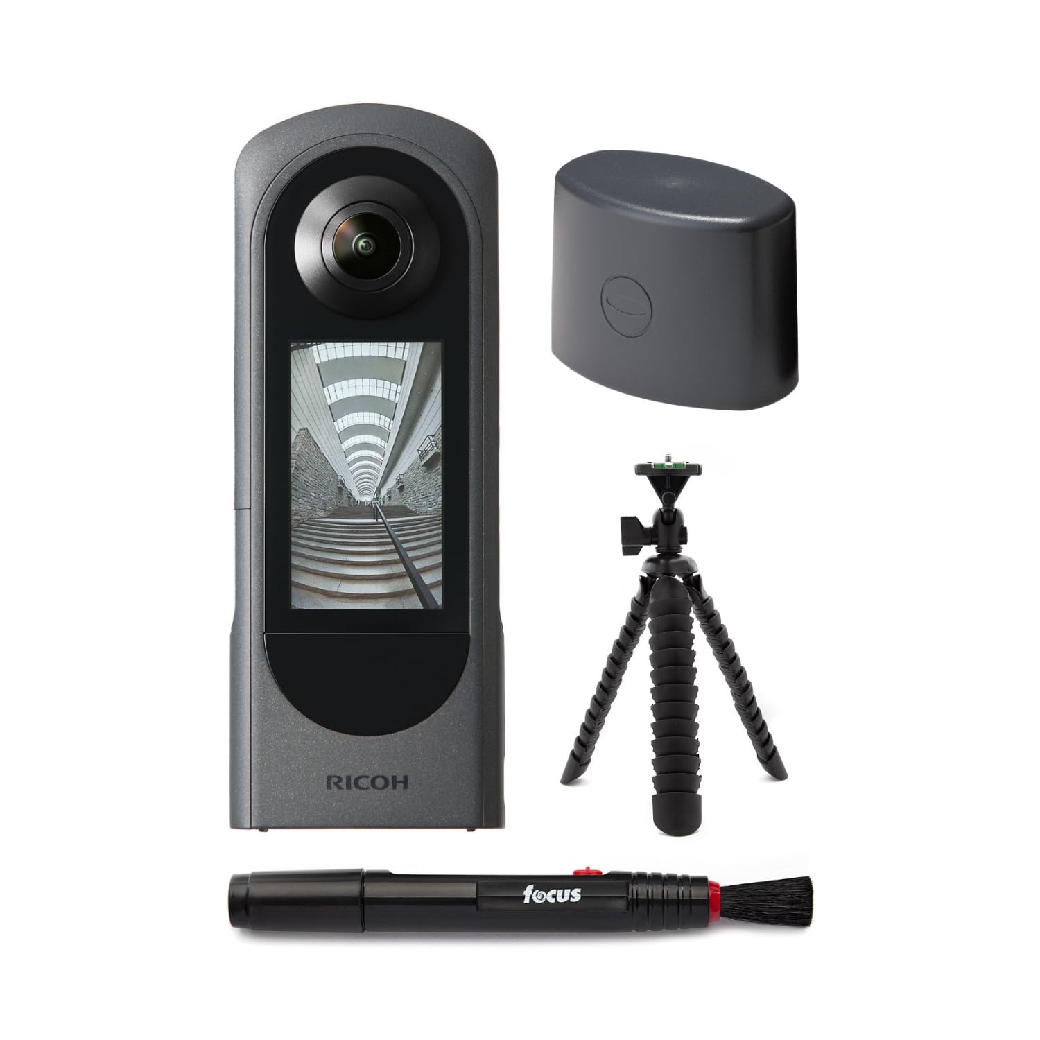 Ricoh Theta X 360-Degree Camera Bundle with Lens Cap, Cleaning Pen and 10-Inch Spider Tripod (4 Items)