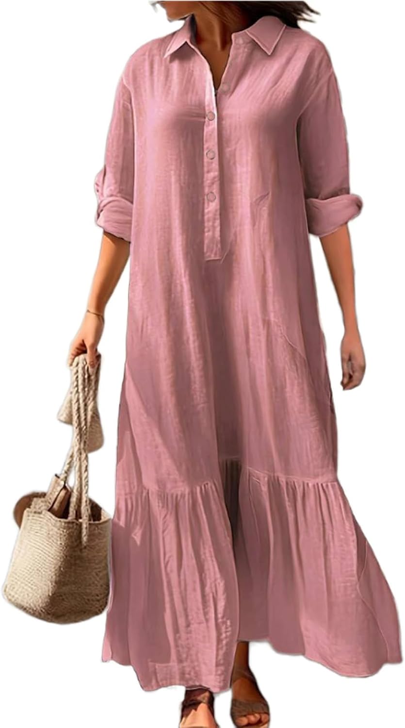 Womens Linen Maxi Dress Casual Lapel Button Down Long Dresses Summer Flowy Long Sleeve Irrgular Hem Vacation Dresses
