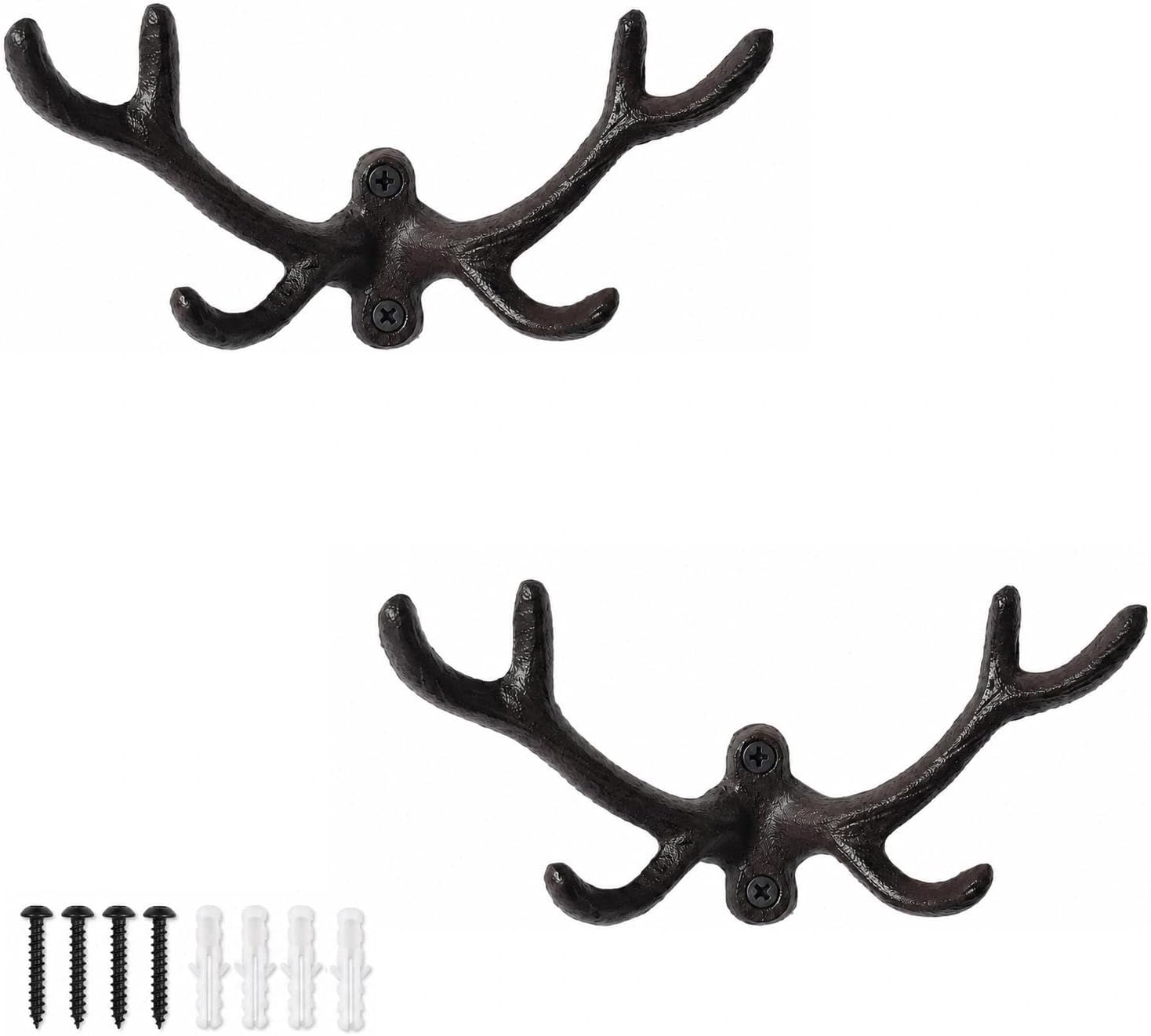 iobiotio Cast Iron Wall Hooks Heavy Duty 2 Pack, Rustic Farmhouse Coat Hangers for Hats, Towels, Ropes, Mudroom & Tack Room Decor, Decorative Hooks