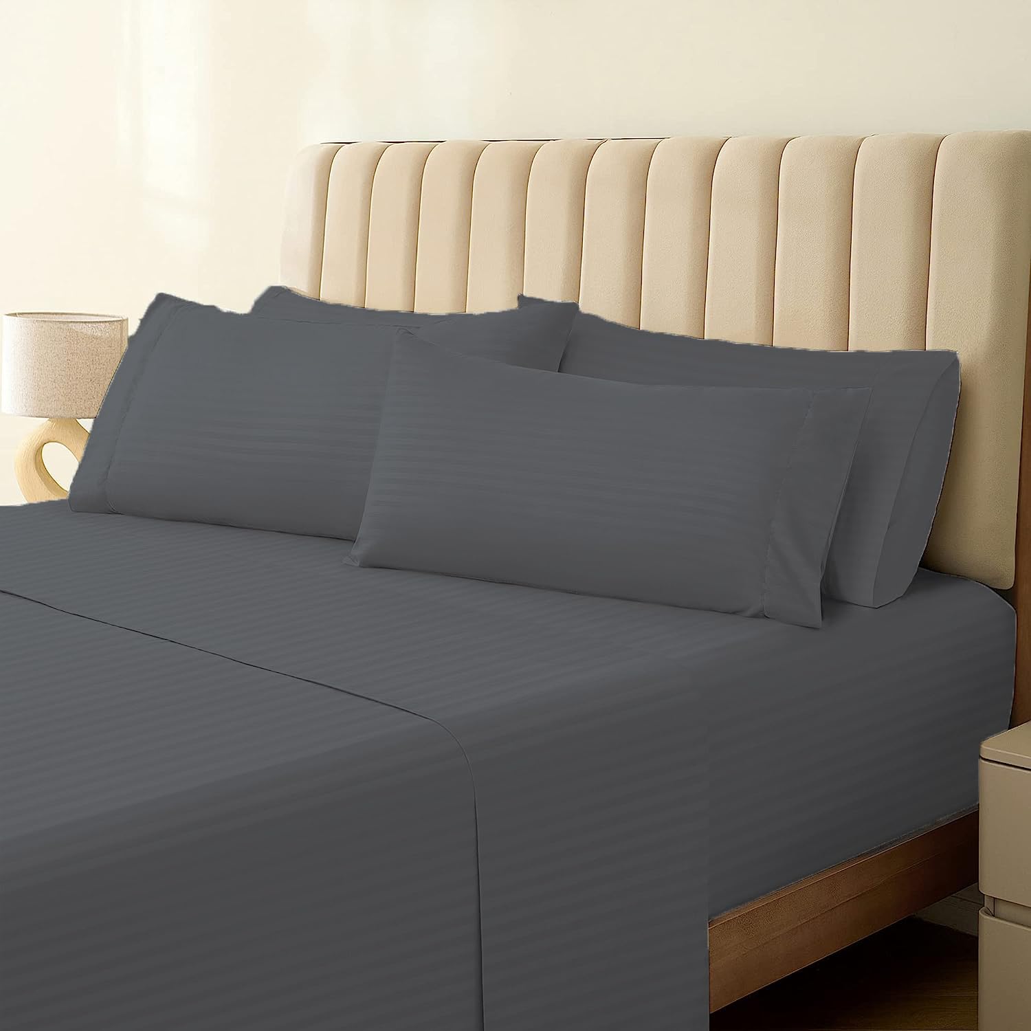 Knight Kavalier Bedsheet for Double Bed (90"×96") - 100% Egyptian Cotton 400 Thread Count Bed Sheet - Luxurious Plain Top Sheet 1 PC Double/6by6 Size, Dark Grey Striped Flat Sheet