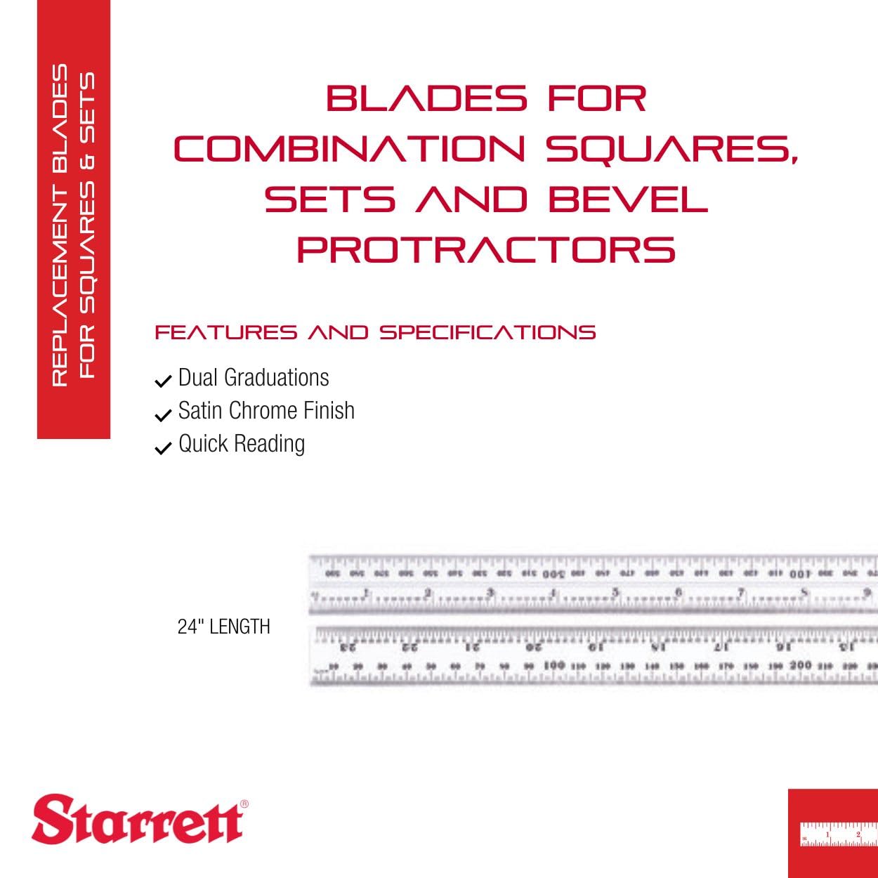 Starrett CB600 – 36 combinazione lama quadrata con pollici e mm Graduations, Sets and Bevel Protractors, 25 mm di larghezza, 2.4 mm di spessore, 600 mm Dimensioni