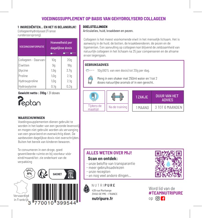 Peptides de Collagène Peptan | Complément Alimentaire Sport | Collagène, Acides Aminés, Protéine | Produit Breveté | Sans OGM ni Additifs | Sachet de 310g | 1 Mois | Made in France | Nutripure – Image 7