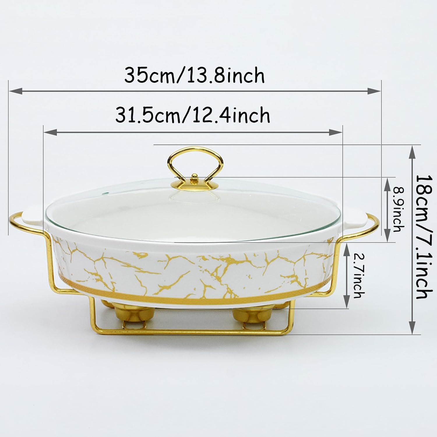 Elegante Juego De Calentadores De Cerámica, con Acabado De Mármol, Tapas De Vidrio Y Detalles Dorados, Vajilla Duradera para Fiestas Y Eventos Gastronómicos. 2L
