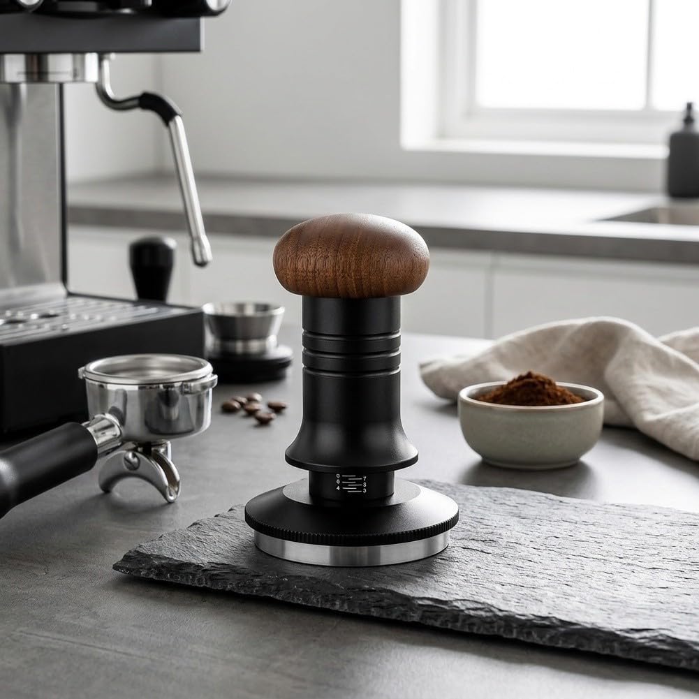 Tamper do kawy, 51 mm, stal nierdzewna, z drewnianym uchwytem, precyzyjne zagęszczenie narzędzi barista, czarny