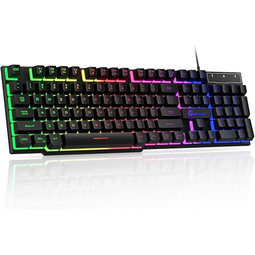 GEODMAER 104 Keys Gaming Keyboard, Full Size LED Backlit Wired Keyboard with Multimedia Keys, Anti-Ghosting, Spill-Resistant Membrane Gaming Keyboard for PC Laptop