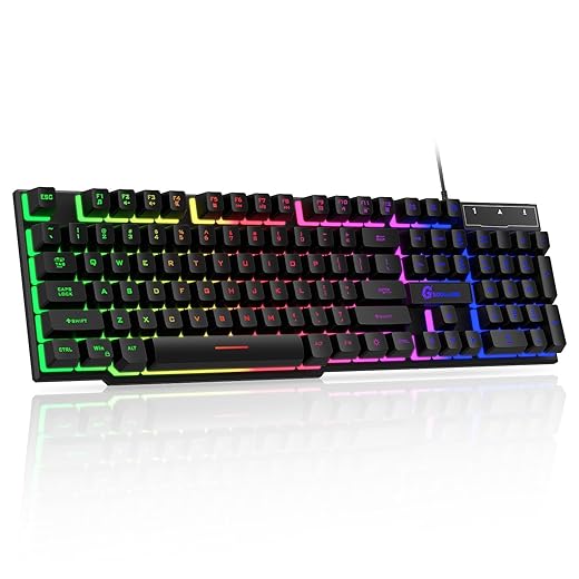 GEODMAER 104 Keys Gaming Keyboard, Full Size LED Backlit Wired Keyboard with Multimedia Keys, Anti-Ghosting, Spill-Resistant Membrane Gaming Keyboard for PC Laptop