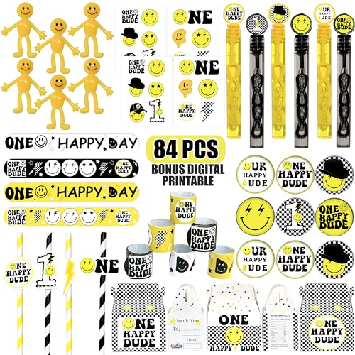 Image of 84 Pcs One Happy Dude Birthday Party Favor, 12 Set of Smile Face Theme Gift Box Straw Bubble Stickers Badge Pin for First Happy Smile Birthday Party Supply