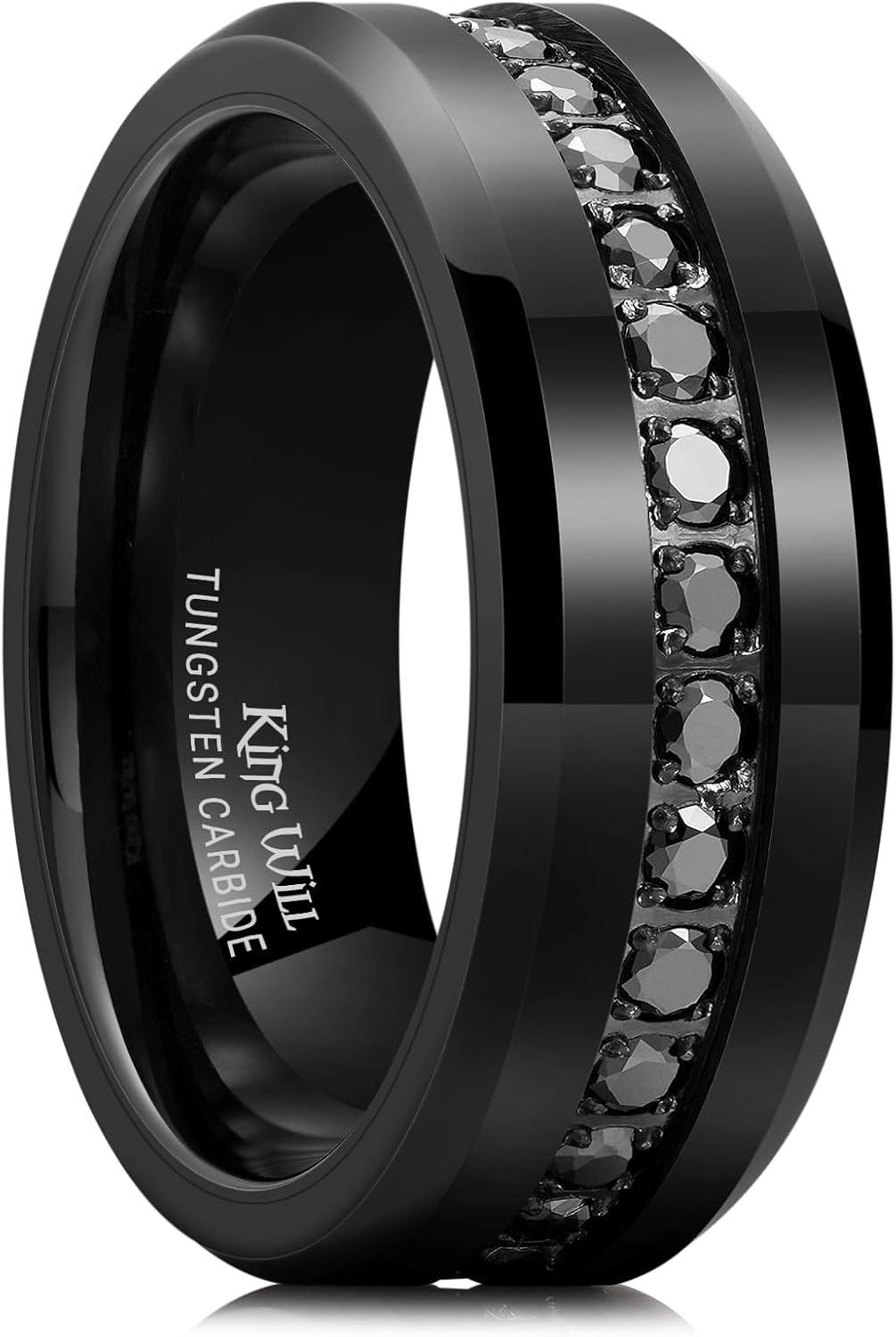 King Will 8mm Tungsten Carbide Wedding Band for Men, Polished White Cubic Zircon Stones Inlay, Comfort Fit Rings for Men Wedding, Engagement and Anniversary
