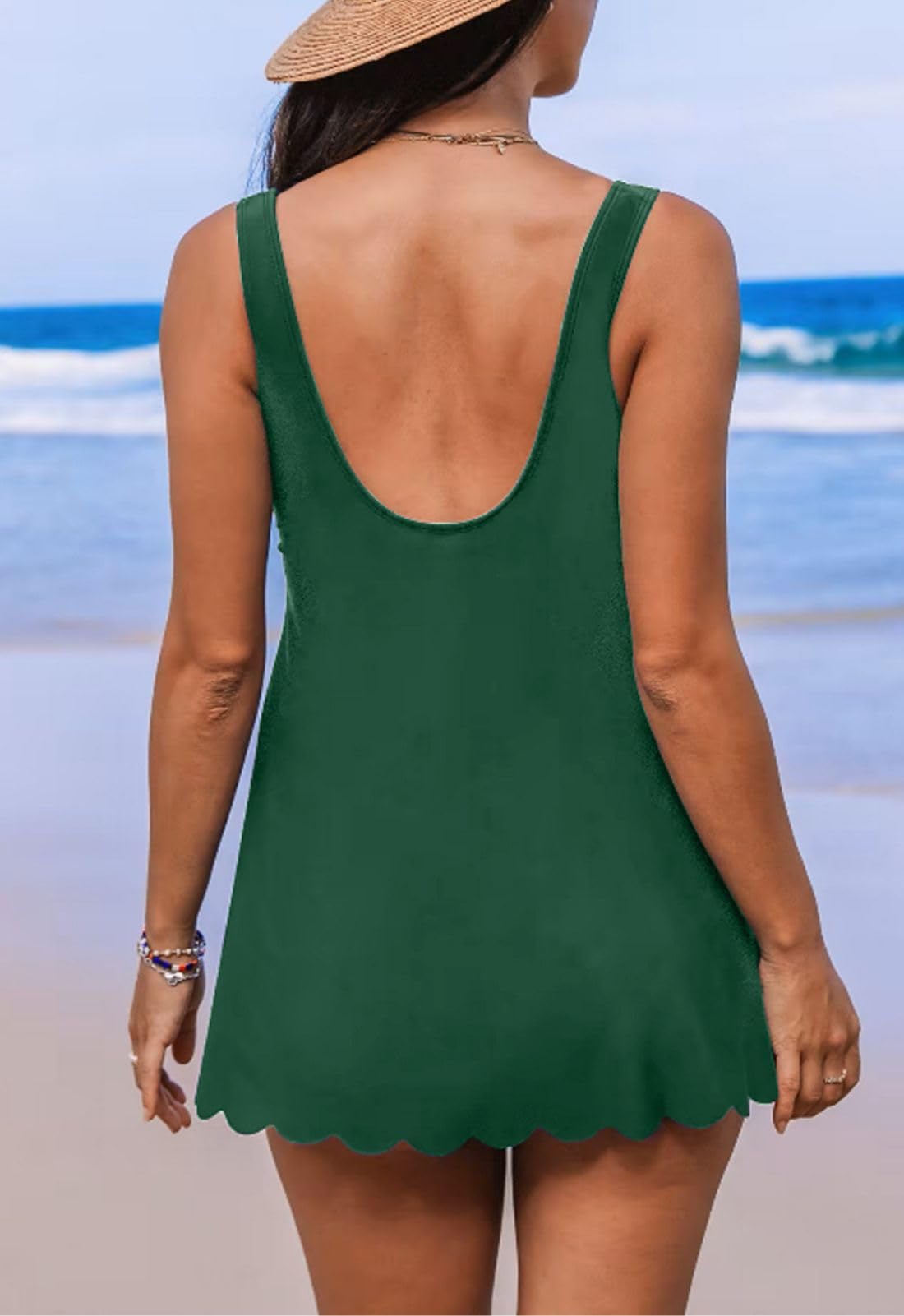 Rayson Tankini Maillot de Bain Femme Bord Festonné Col en U Maillot de Bain Jupette 2 Pieces avec Bas de Maillot Grande Taille Rembourré Push Up Tankinis Ensemble