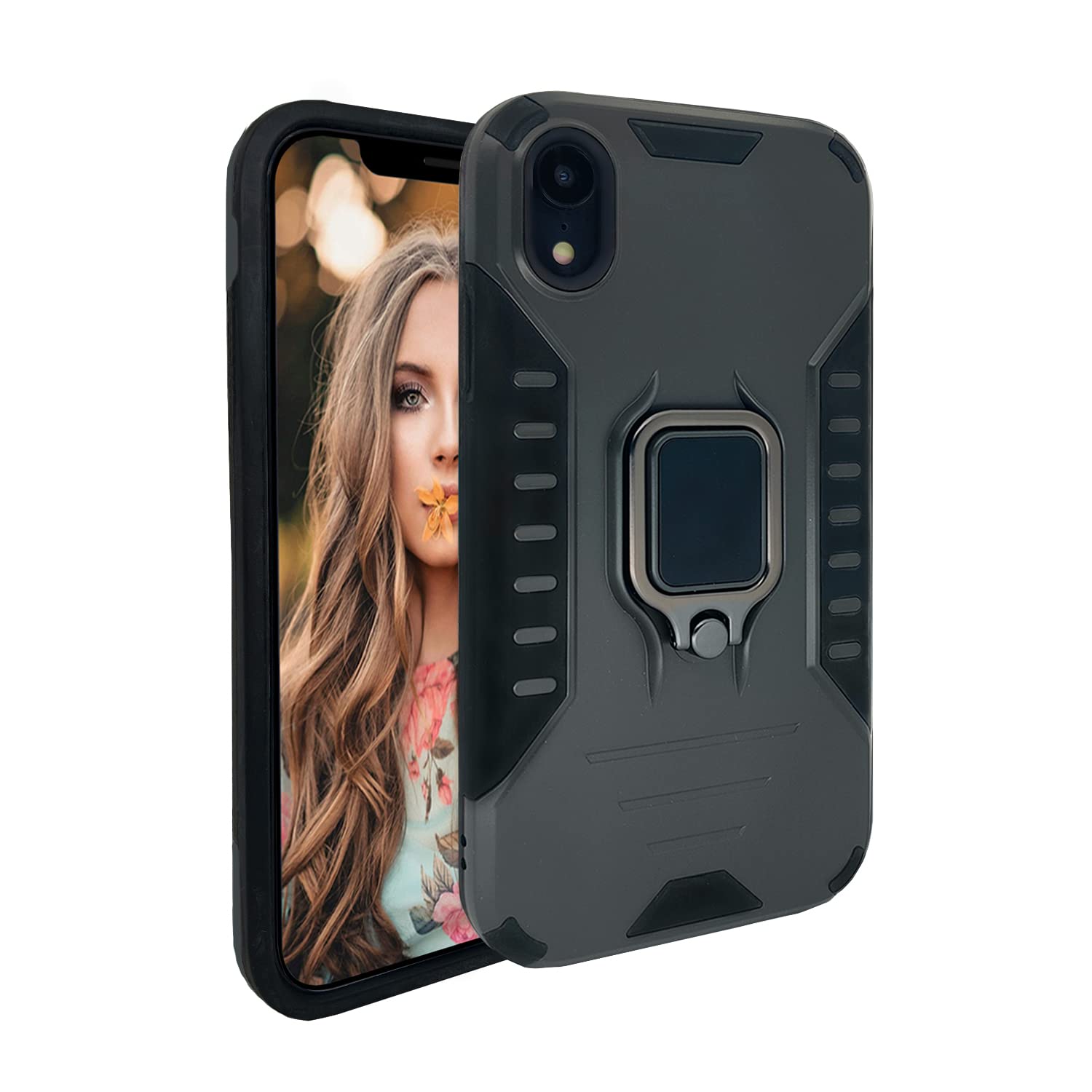 MODOS LOGICOS Case for iPhone XR, Dual Layers Shockproof Protective Case with Built-in 360 Metal Rotating Ring Kickstand, Working with Any Magnetic Car Mounts, for iPhone XR 6.1” - Dark Grey