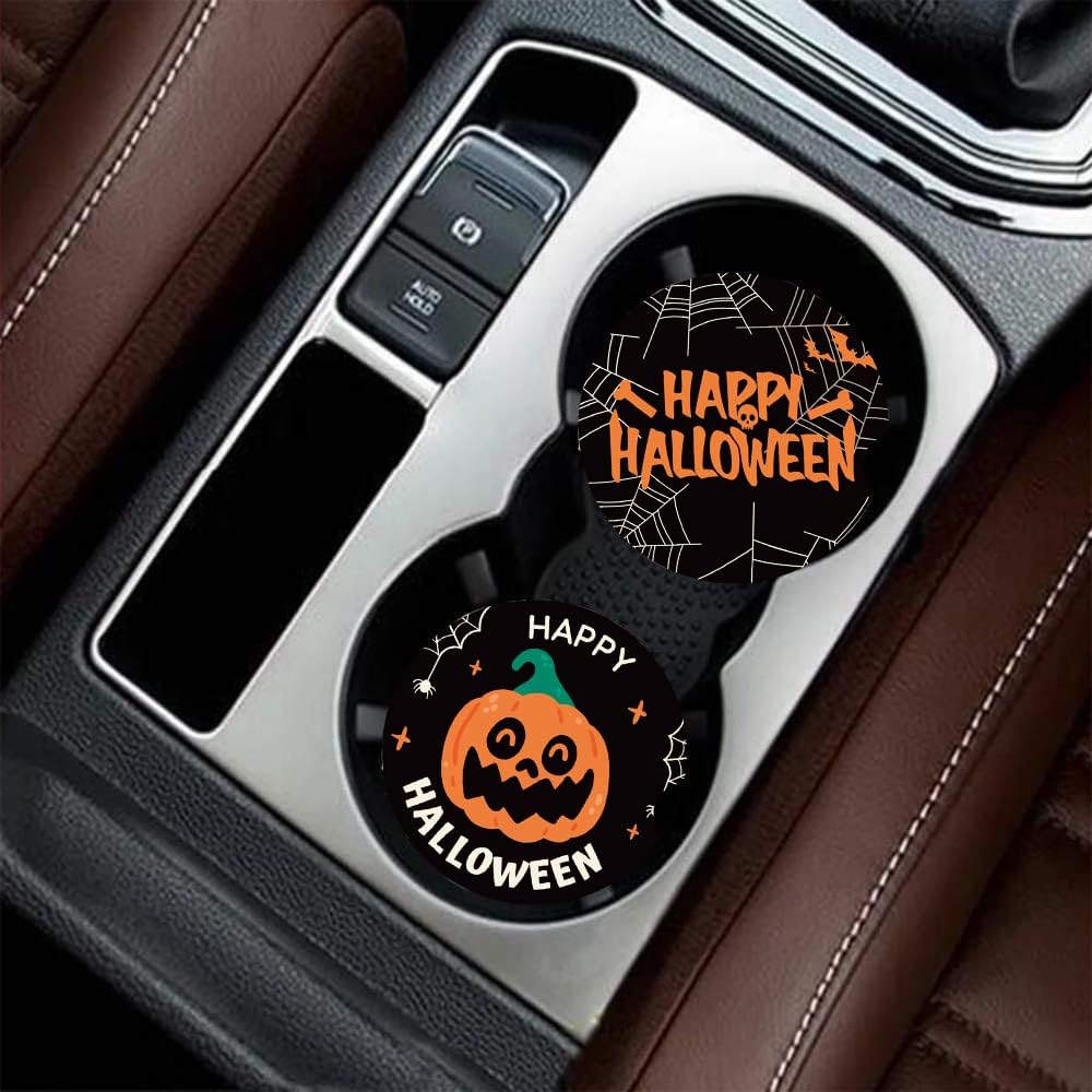 Halloween Car Coasters for Drinks Absorbent,Cute Car Accessories for Women & Men,Funny Ceramic Car Cup Holder Coasters 2.56"(2 Pack)