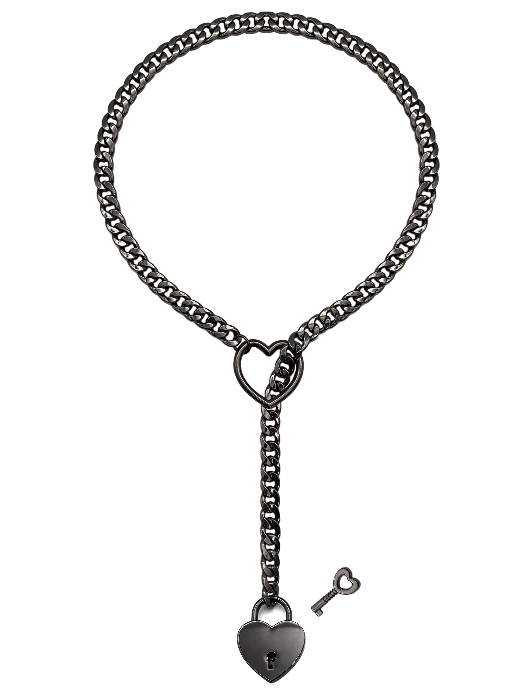 Collar de cadena deslizante para mujer, anillo tórico de corazón, collar largo cubano punk rock para mujer, collar en Y ajustable con llave, Zinc, No es una piedra preciosa