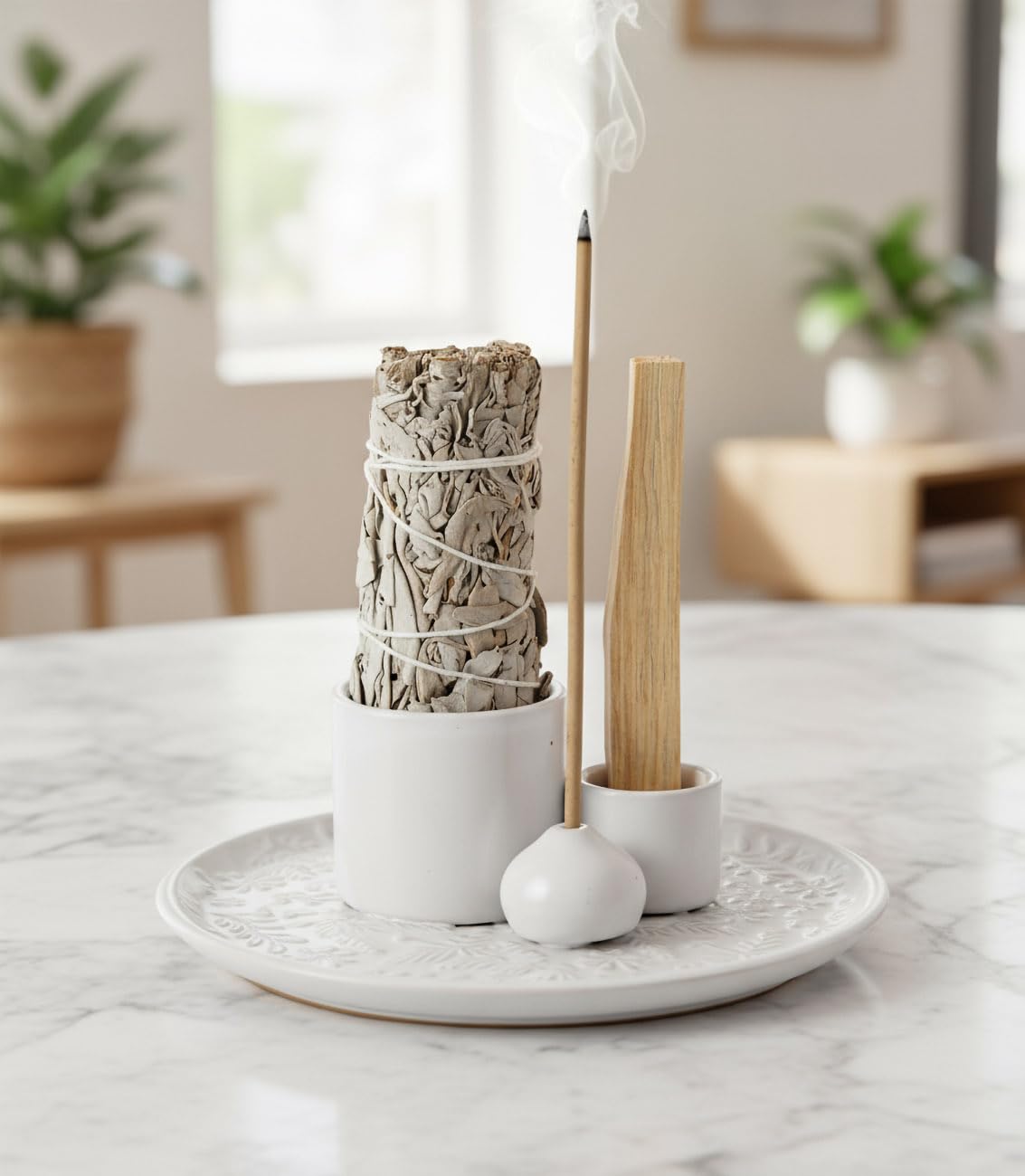 Soporte para Salvia 3 en 1 de Cerámica para Palo Santo, Salvia y Varillas de Incienso – Bandeja Artesanal Recoge Cenizas para Salas de Meditación (Blanco)