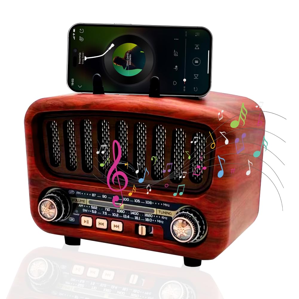 Radio Rétro Bluetooth Portable - AM/FM/ondes Courtes - Batterie Rechargeable 1200 MAh - Design Vintage Rouge - 11