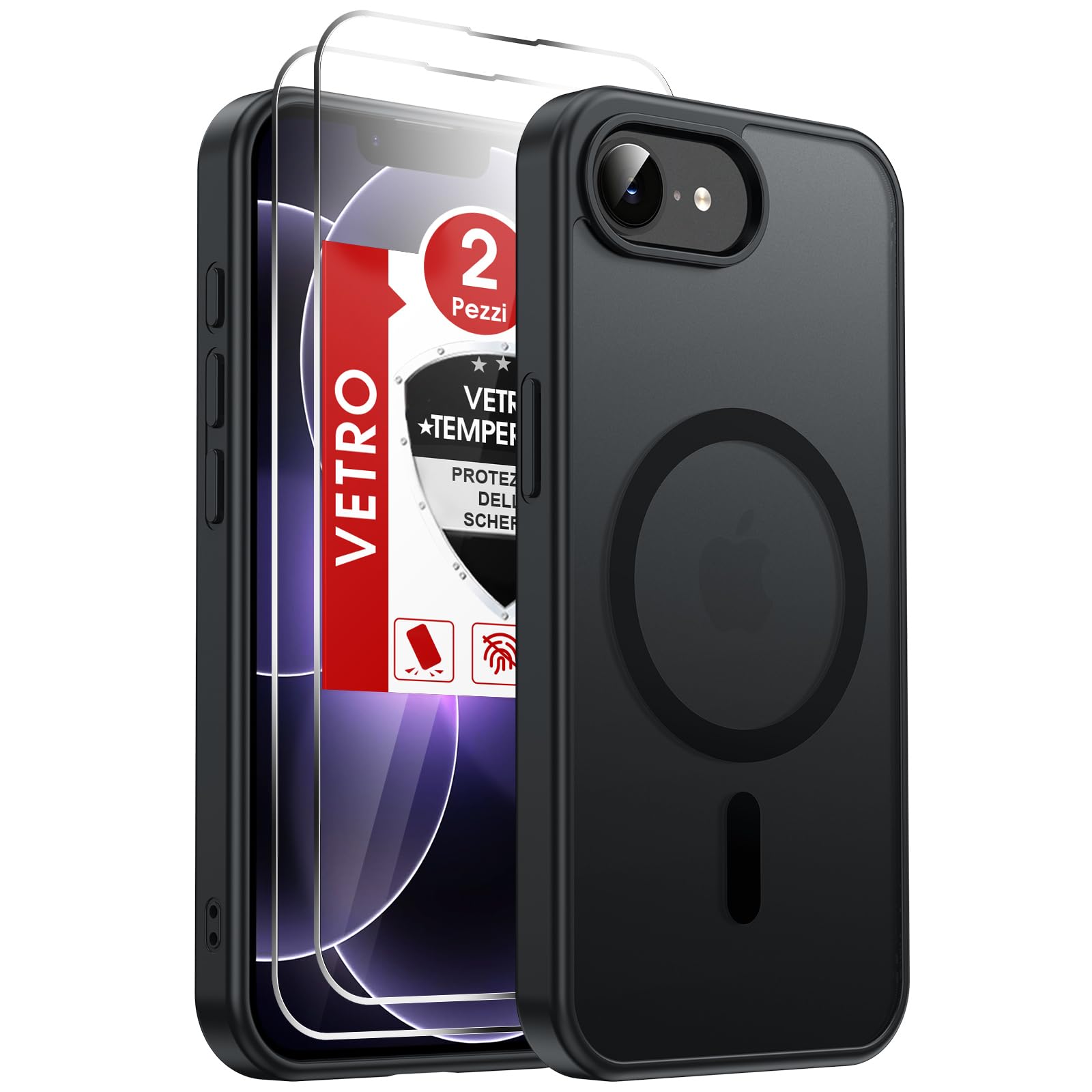 LeYi Cover Magnetica per iPhone 16e /iPhone 17e con 2 Vetro Temperato, Nero | Compatibile con MagSafe Traslucida Opaca Anti-Impronte Resistente Antigraffi TPU Antiurto Protettiva iPhone 16E/17E Custodia