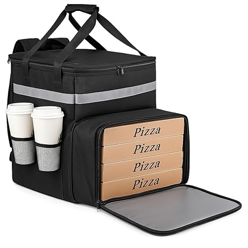 Mochila de entrega de pizza aislada con soporte para 4 tazas, bolsas enfriadoras impermeables, bolsa de entrega de alimentos aislados para alimentos