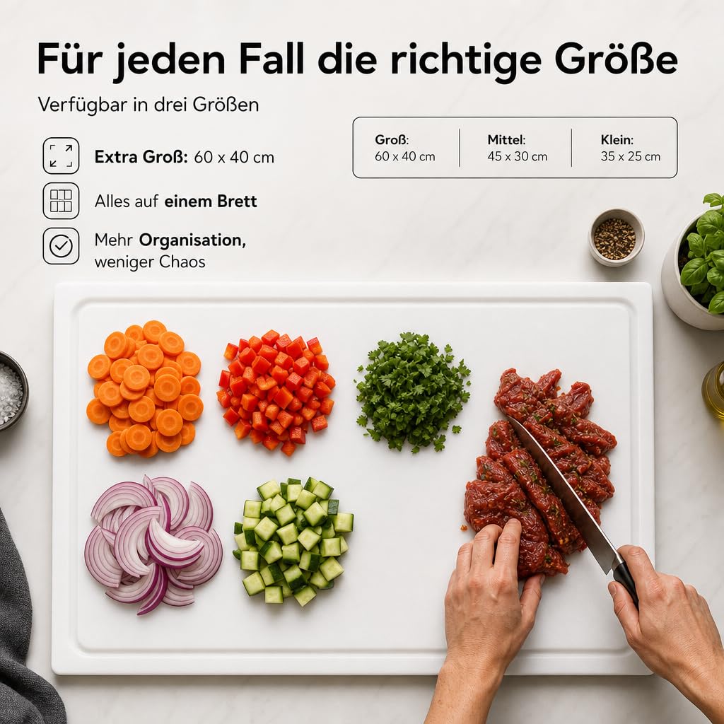 stabiles Schneidebrett Kunststoff | Weiß, 60x40x2 cm | Spülmaschinenfest, EXTRA dick, messerschonend | Farben & Größen auswählbar | HACCP Brot & Käse Küchenbrett | Schneidbrett mit Saftrille