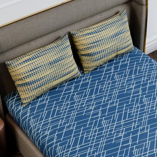 Image of Stoa Paris 100% Cotton King Size Fitted Bedsheet with 2 Pillow Covers, 180TC Printed Bedding Set, All-Season Comfort, Soft & Lightweight, Home Decor, Urbanscape - Cerulean Beams (182cmx198cm+30cm)