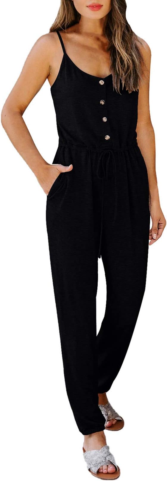Womens v neck straps button jumpsuit