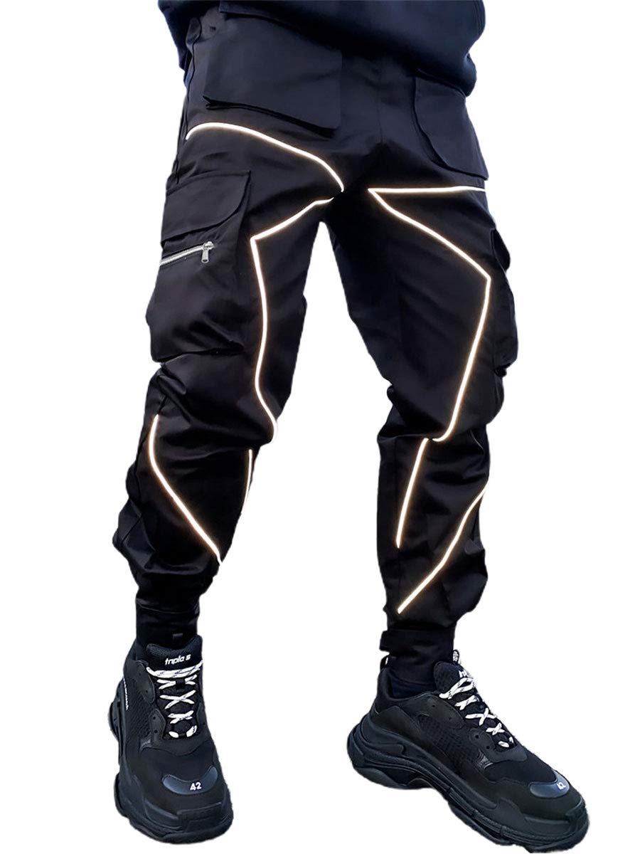 ebossyMen's Multi Pocket Fashion Cargo Pants Technical Reflective Jogger Pants