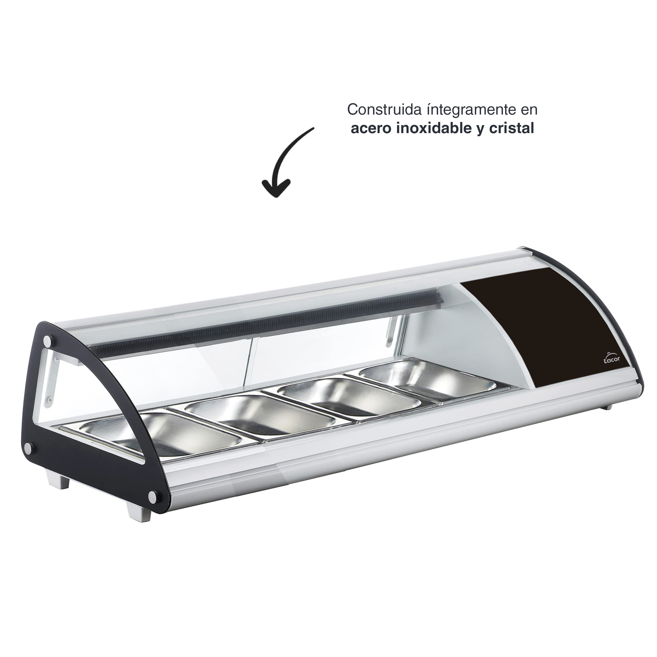 Lacor - 69605 - Vitrina Refigerada, Expositor de Alimentos, Cristal y Acero Inoxidable, Capacidad: 4xGN 1/3, 160 W, Termostato Regulable: 0ºC - 12ºC