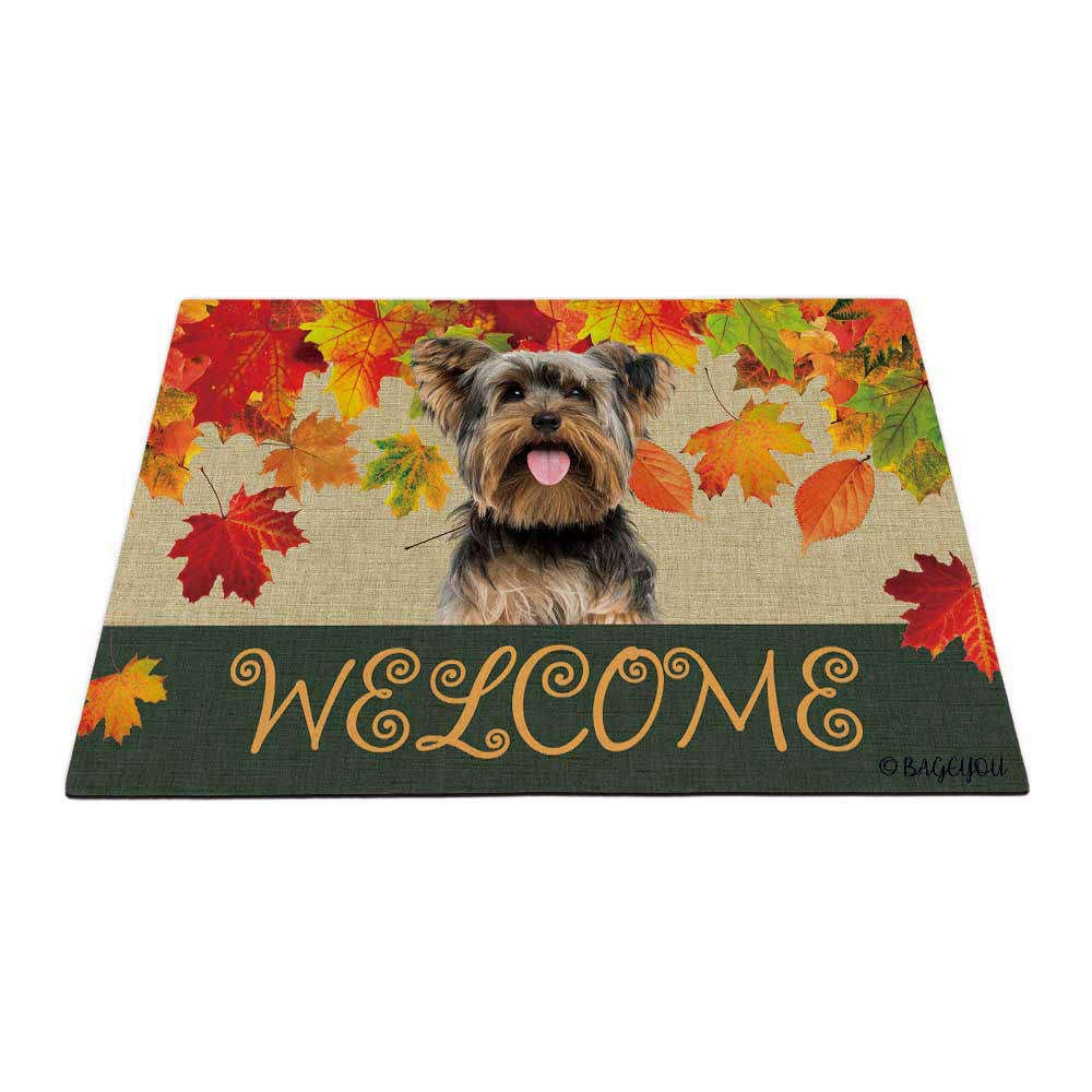 BAGEYOU Welcome Fall with My Favorite Dog Lovely Yorkshire Terrier Yorkie Outdoor Doormat Maple Leaf Harvest Season Rustic Decor Porch Rugs Floor Mat 35.4" x 23.6" — image 1