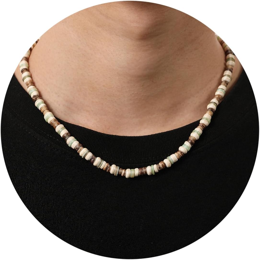 Valentines Day Gifts for Him, Beaded Necklace for Men Trendy Colorful Bead Necklaces for Men Teen Boy Gifts Boho Choker Necklace Summer Beach Coconut Husk Bead Graduation Gift for Him Boyfriend Anniversary Jewelry