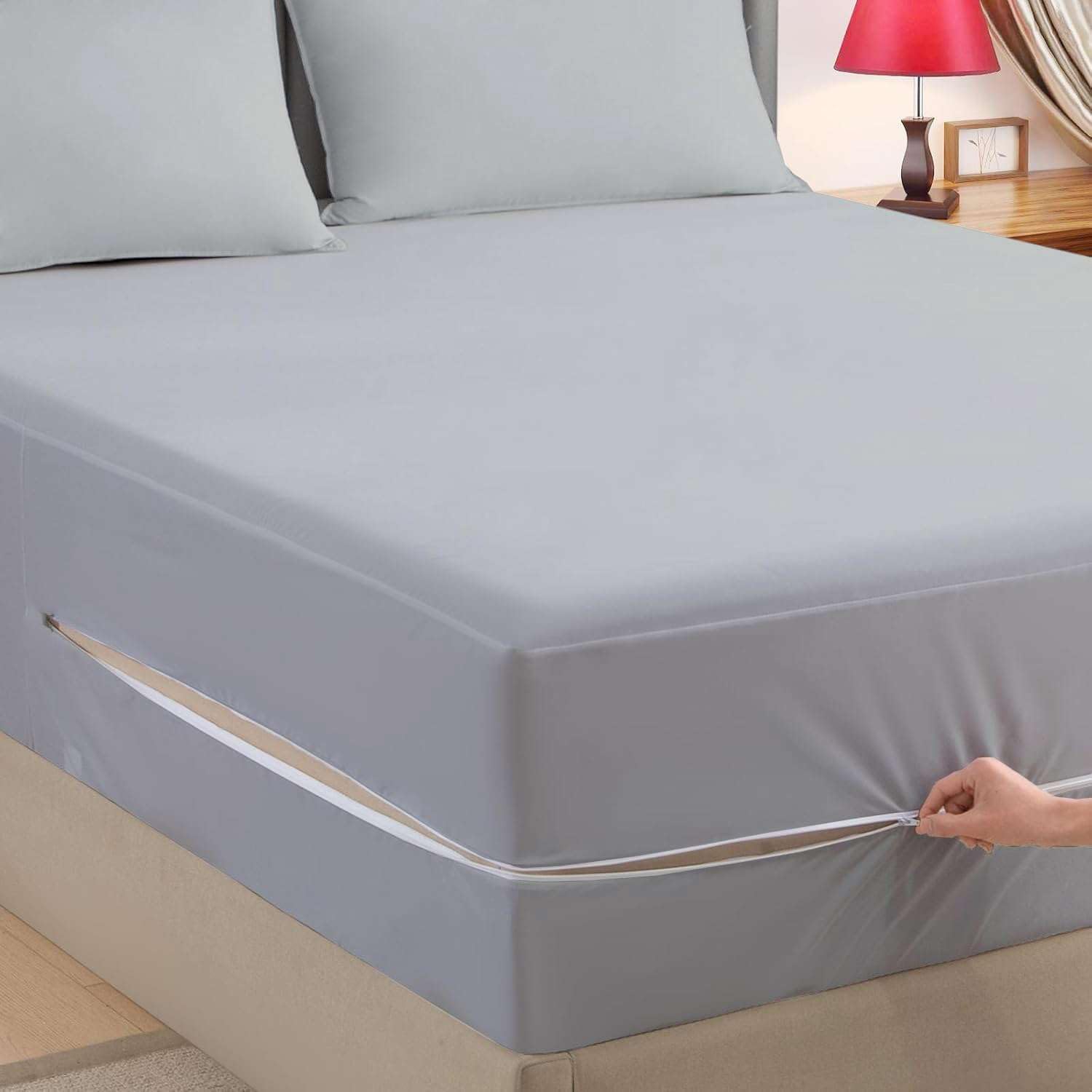 Cottington Lane 1 Piece Zipper Fitted Sheet Olympic Queen Size, Premium Quality Brushed Microfiber, Ultra Soft Zippered Bottom Sheet Only, 16 Inch