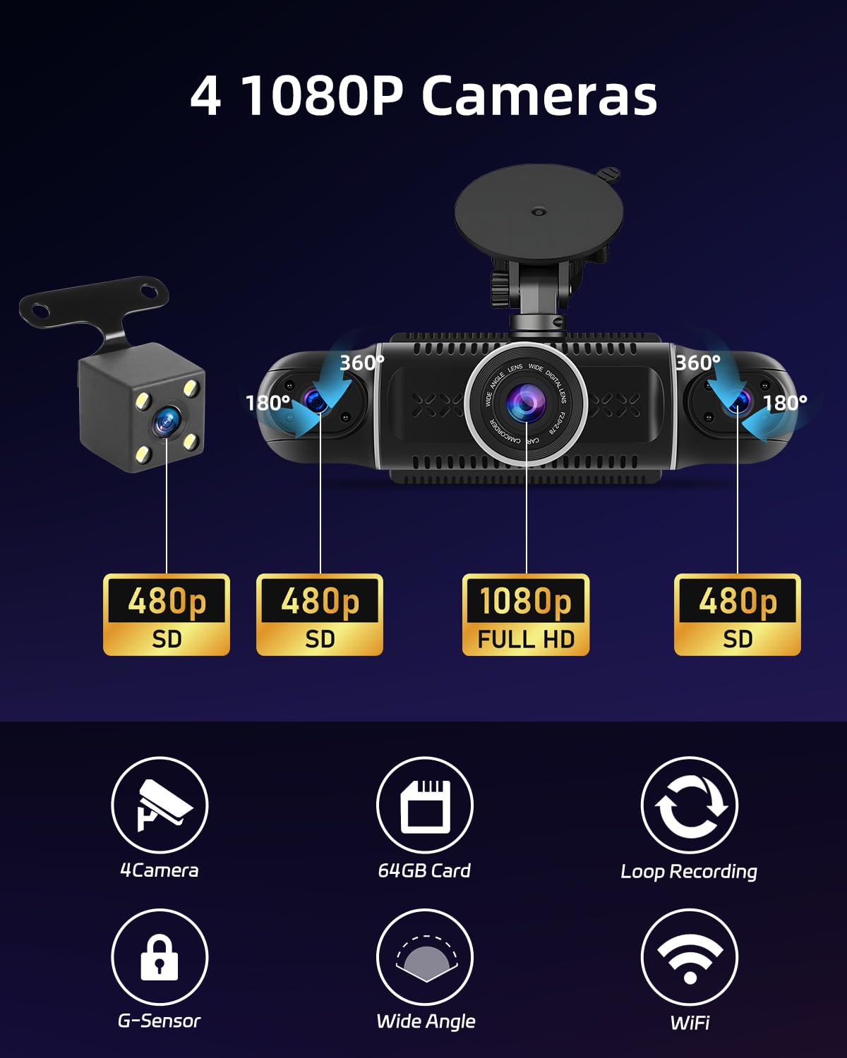 NHOPEEW Dashcam a 4 canali con visione a 360° - Dashcam da 3 pollici 1080P per auto con 4 telecamere - Registrazione in loop Sensori G WiFi APP Visione notturna Monitoraggio parcheggio 24 ore su 24