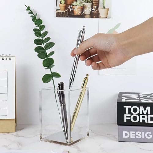 Miniatura 6 de Mogoostry Portalápices de acrílico transparente, bonito soporte para brochas de maquillaje, contenedor de almacenamiento plateado, organizador de