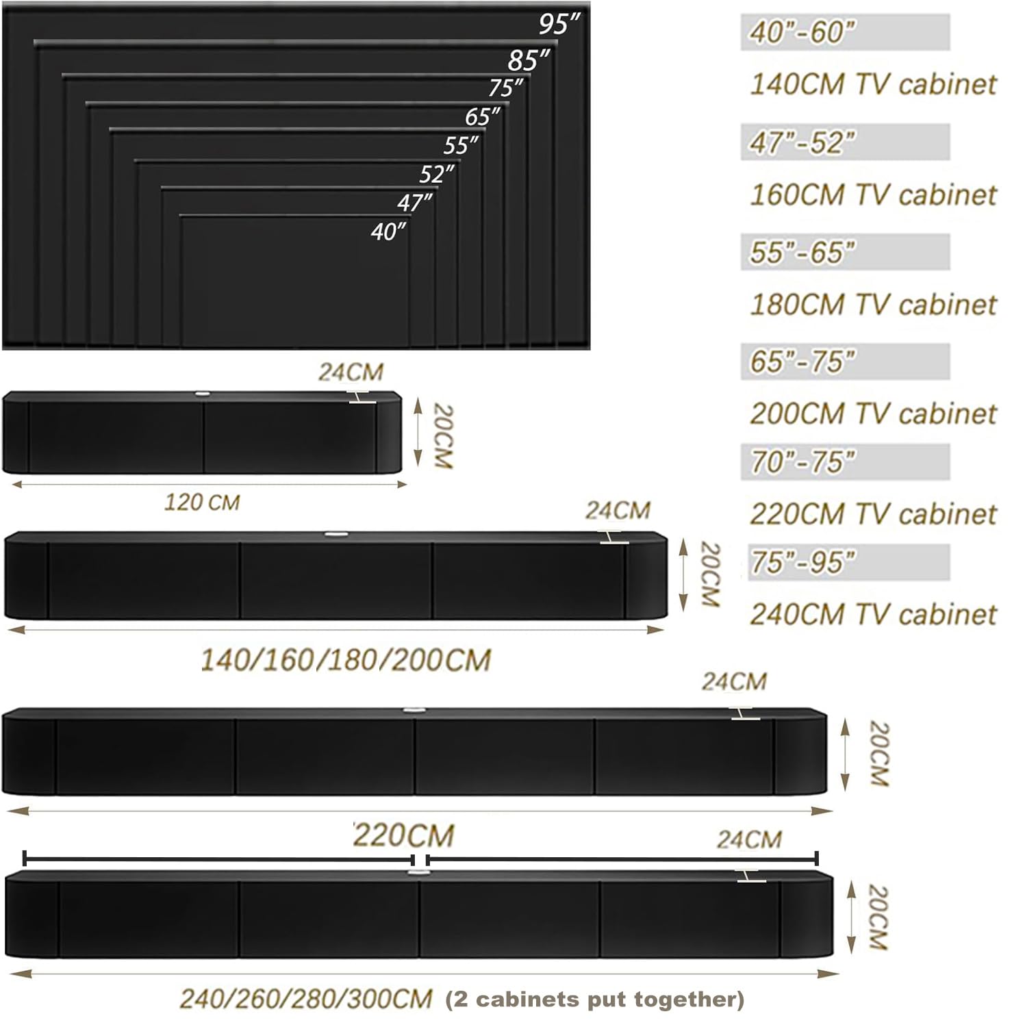 Wisząca szafka pod telewizor, pływająca szafka pod telewizor, czarna szafka ścienna z litego drewna z 2 szufladami, elegancki i wiszący design, półka do przechowywania do salonu lub sypialni (tekstura
