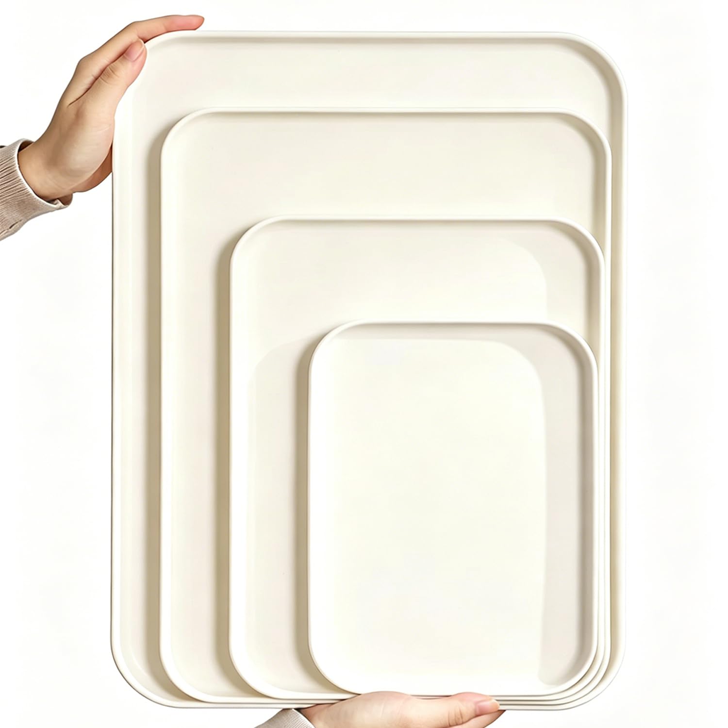 Rectangular Plastic Serving Trays,4 Packs Premium PP Food-Safe Platters Stackable Reusable Serving Trays for Kitchen Drinks Snacks Fruit Coffee Parties (Beige,M-24 * 17CM)
