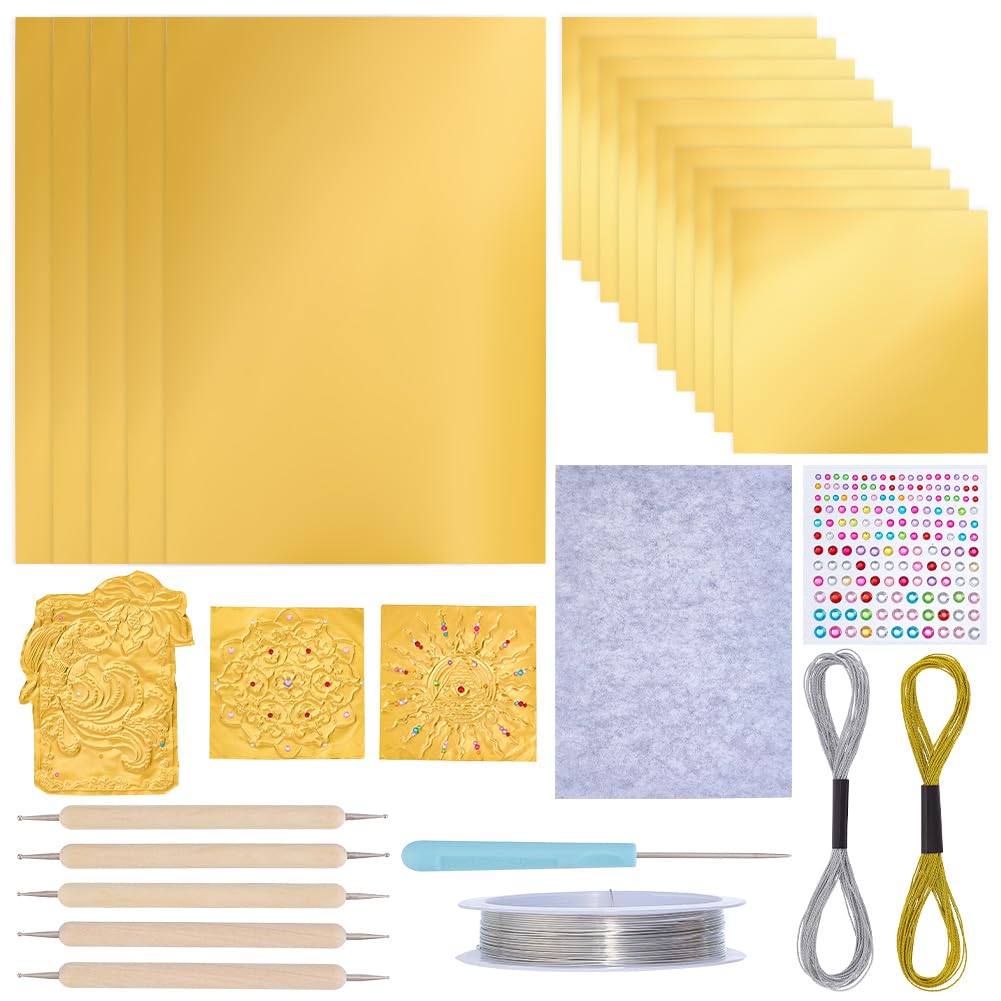 UNICRAFTALE 15 hojas de papel de aluminio dorado para grabar en relieve de 0,2 mm de grosor, kit de grabado en relieve con 5 herramientas de mango de madera, alambre de metal, diamantes de imitación