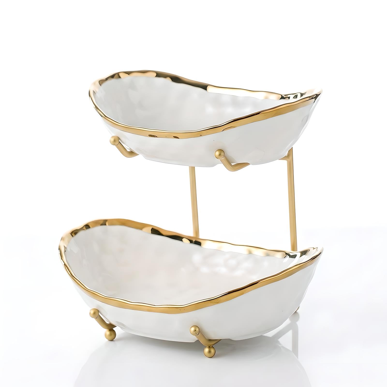 OUAYEMEL 2 Tier Ceramic Fruit Bowl with Metal Stand, White A — image 1