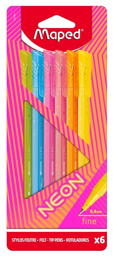 Maped Graph'Peps Neon Fineliner Pens - Fine Tip 0.4mm - Set of 6 Fineliners in Bright Neon Colours
