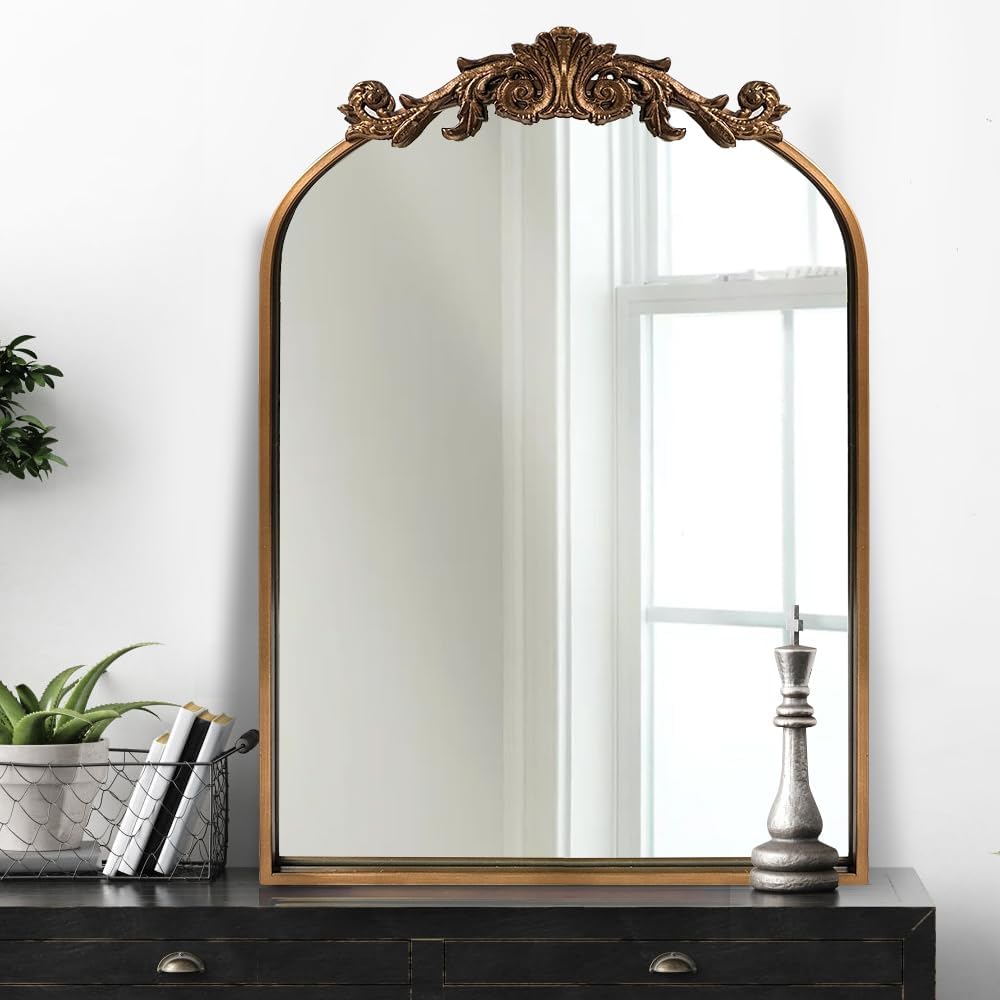 Gold Traditional Vintage Ornate Baroque Mirror,Gold Brass Mirror for Wall,Victorian Antique Bronze Mirrors Arched for Bathroom/Living Room/Hallway/Fireplace 19"X27" Retro Gold 27"L x 19"W
