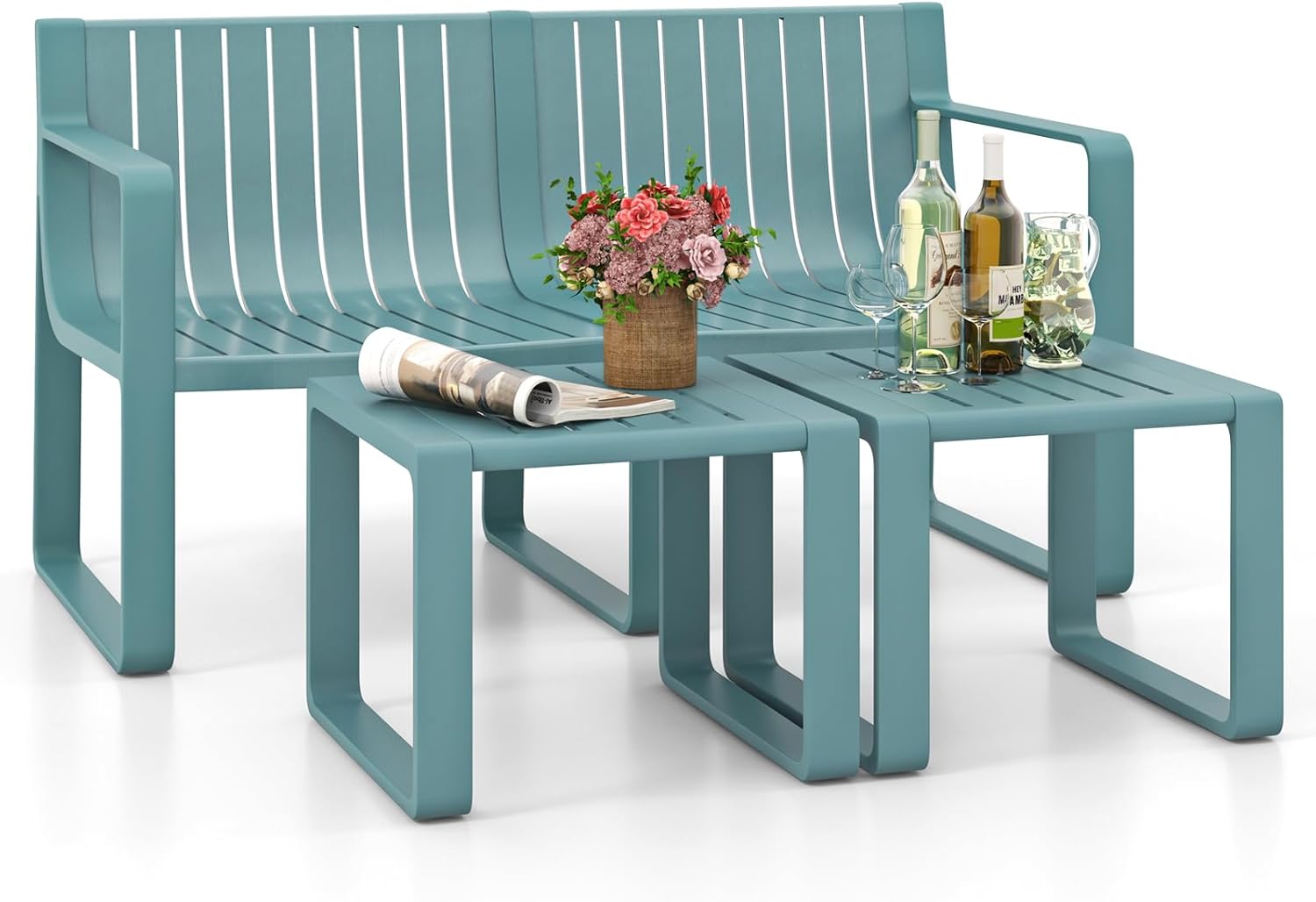 Tangkula 3-Piece Patio Furniture Set, Outdoor Conversation Set w/1 Loveseat & 2 Side Tables, All-Weather Patio Bistro Set for Lawn, Backyard, Poolside, Balcony, Garden, Deck, Blue