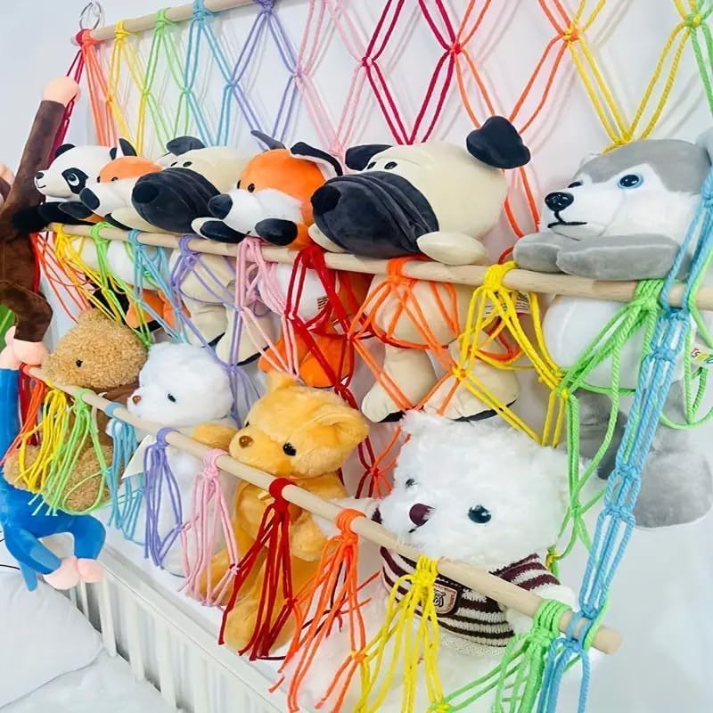 Image of Polycotton Waterlily House - Mesh Hammock Organizer, Bohemian Toy Storage Net, Rainbow Stuffed Animal Hammock Macrame Boho Plush Net (Two-Colour Layer), Multicolor
