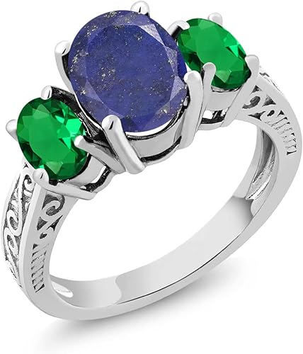 Gem Stone King Anillo de plata de ley 925 con lapislázuli azul y nano esmeralda verde para mujer (2.80 quilates, piedra natal de piedras preciosas,