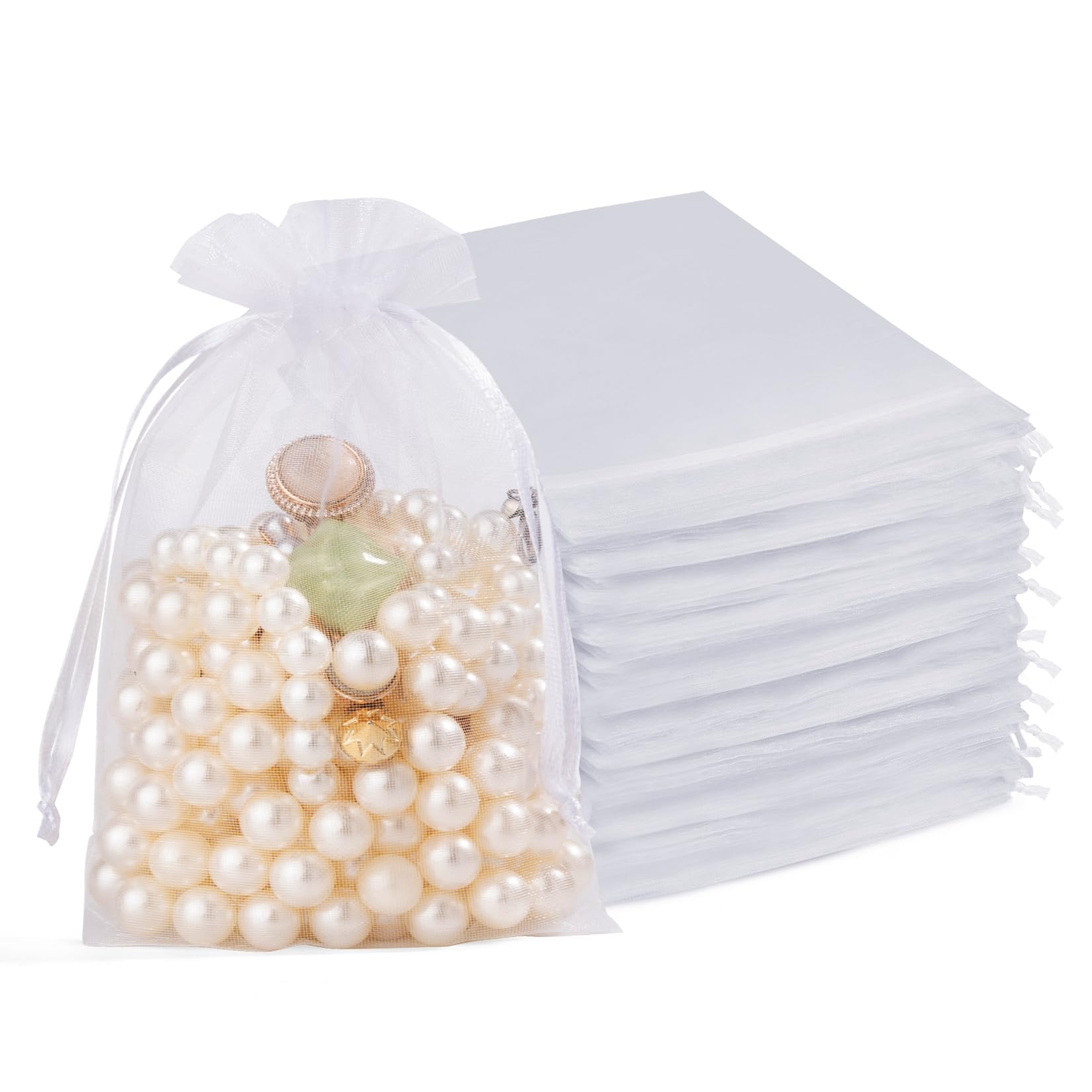 Crweety 50 Pcs Organza Bags 4x6, White Small Mesh Gift Bags Drawstring Bulk