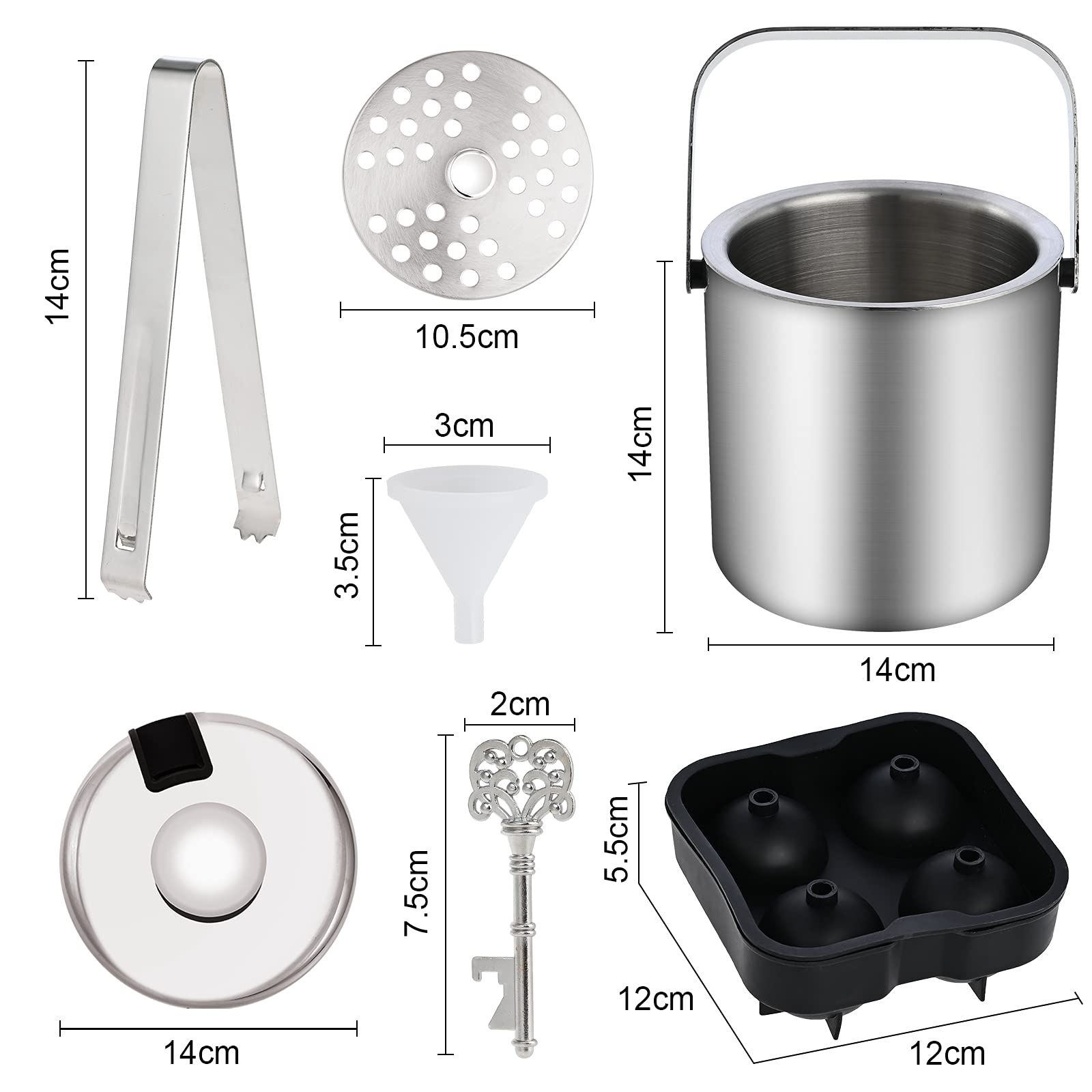 Faburo - Juego de 8 cubitos de hielo de 1,3 L, doble cubitera, de acero inoxidable, con pinza para hielo, abridor de botellas, embudo de inyección de agua y moldes para mejor refrigeración