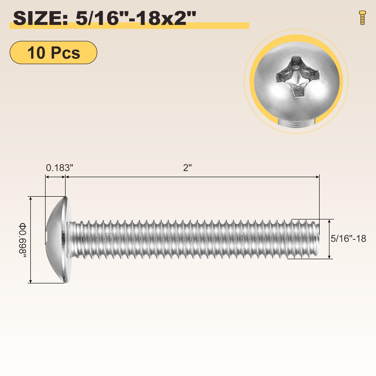METALLIXITY Machine Screws Phillips Head(5/16"-18x2") 10Pcs, 304 Stainless Steel Round Head Phillips Drive Furniture Bolts - Image 2