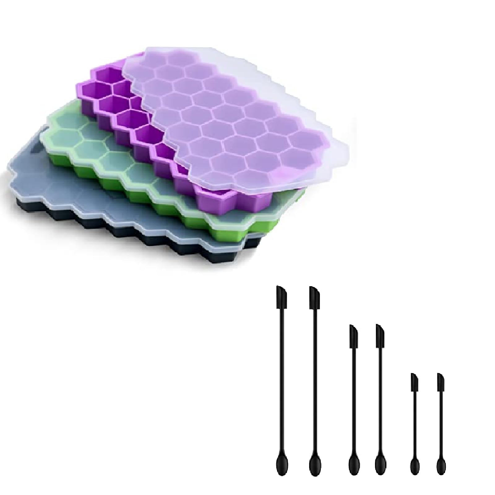 Ice Cube Trays for Freezer with Lid-Silicone Ice Cube Tray with Lid Ice Maker 3 Packs Multicolors,Small Rubber Spatula for Cooking or Baking Kitchen Gadgets Spatula Silicone for Mini Jar