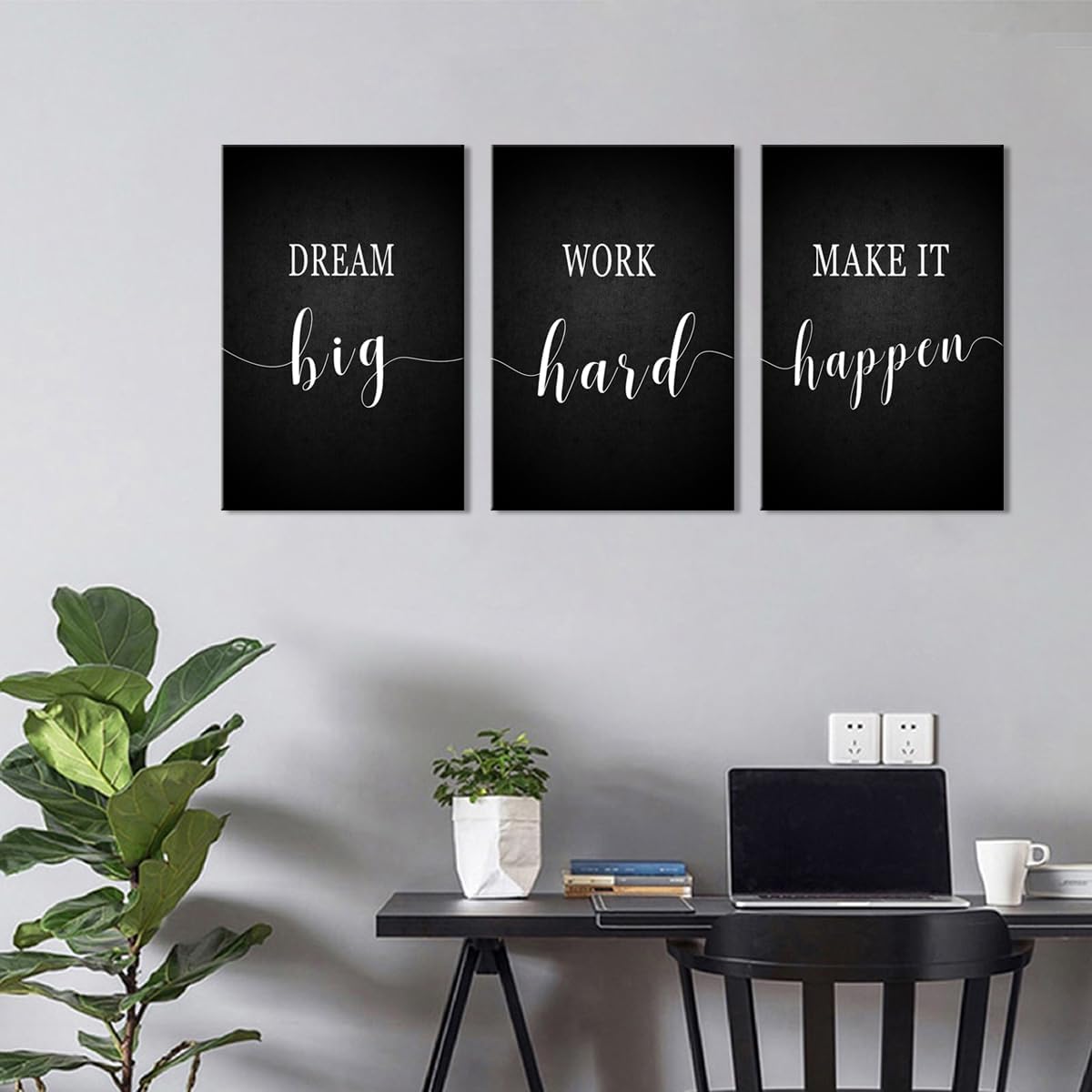 Office Decor Dream Big Work Hard Make It Happen Motivational Inspirational Quotes Wall Art Framed Canvas Wall Art Poster Prints for Office Workplace, Encouraging Gifts for Women Girls Room Decor 3 piece