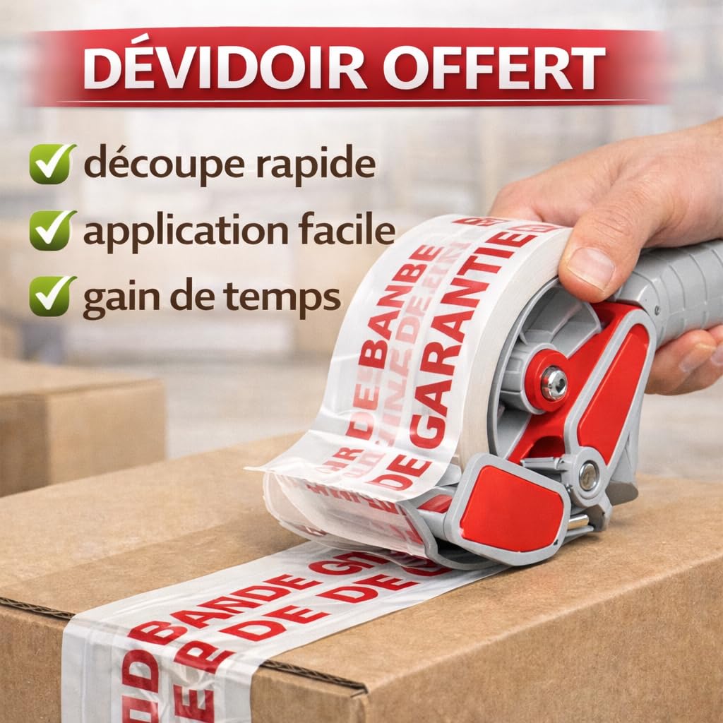 Ruban Adhésif BANDE DE GARANTIE - 50 mm x 66 m – Lot de 18 Rouleaux + Dévidoir Offert – Adhésif Blanc & Rouge – Ruban Adhésif Emballage pour Cartons, Déménagement, Colis, Stockage et Expédition