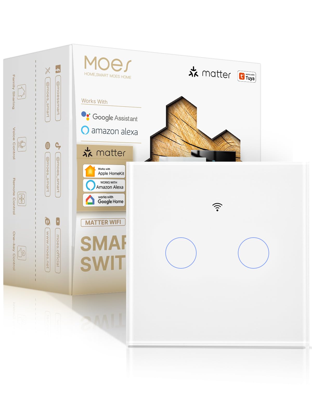 MOES Interruptor Táctil de Panel Inteligente, Matter sobre WiFi, Sincronización Bidireccional Premium, Cable Neutro Requerido, Compatible con Alexa/Apple Home/Google Home/SmartThings/Tuya, 2 Gang