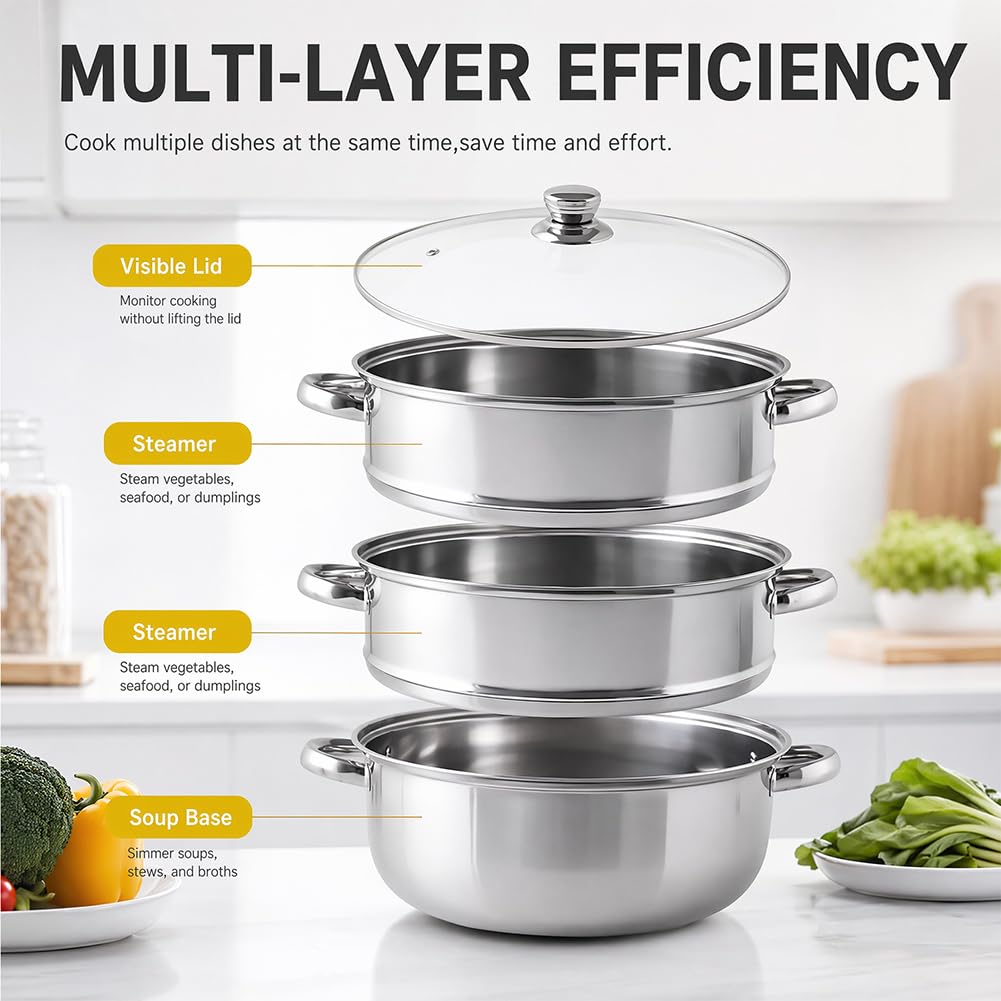 CEWROM Vaporera para cocinar al vapor, 28 cm, acero inoxidable, con inserto de vapor, 3/4 pisos con tapa de cristal para cocinar verduras, mariscos, sopas, guisos y pasta (4 niveles)
