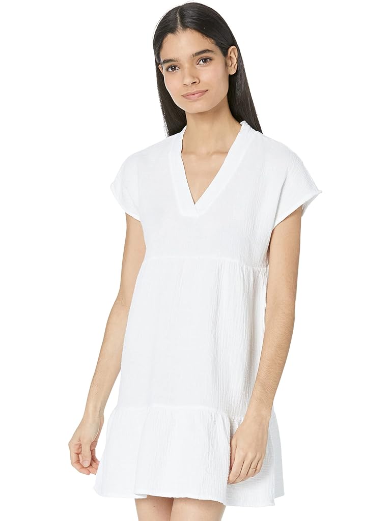 White bobi Los Angeles Drop Shoulder Tiered Dress in Beach Gauze