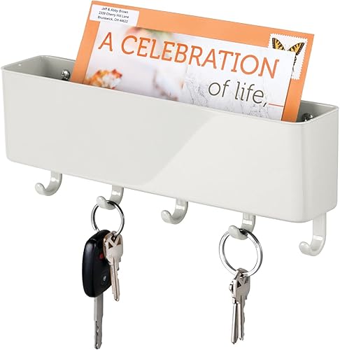 mDesign - Cesta organizadora de plástico, 2 niveles, 5 ganchos, para entrada, sala, pasillo, cocina, oficina, con capacidad para cartas, revistas,