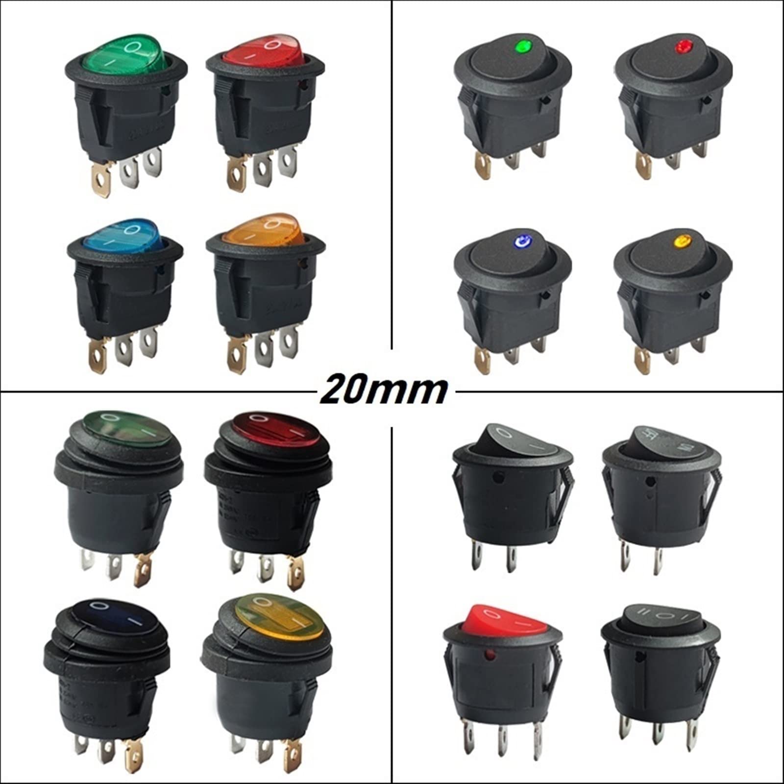 elektronischer Schalter 4 Stück Auto-Armaturenbrett 20 mm Mini-Rundwippschalter 220 V LED 12 V IP65 Beleuchteter Bootsdruckknopf O - Ein-Wippschalter (Color : Ip65 Black, Size : 4PIECES-LED 12V LIG